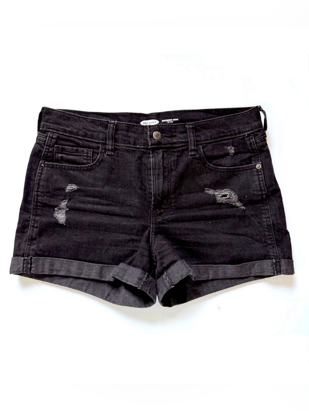 Old Navy Mid Rise Distressed Black Denim Shorts